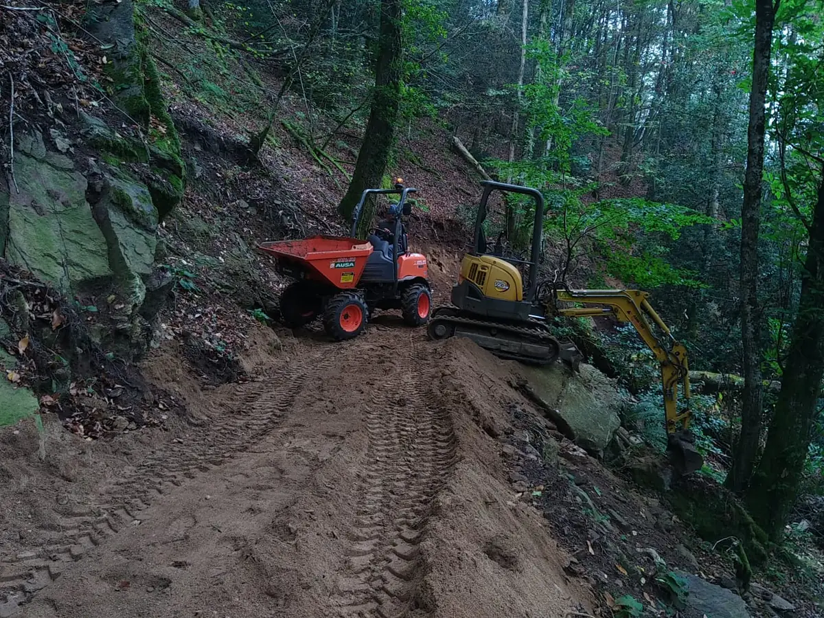 Dumper et mini-pelle sur piste forestière